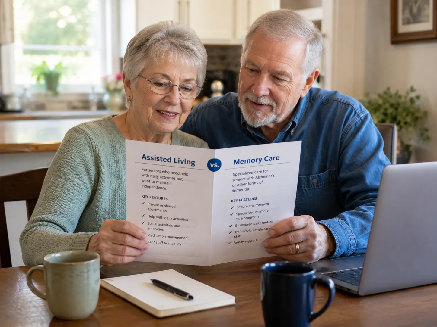 Family comparing memory care and assisted living options at home